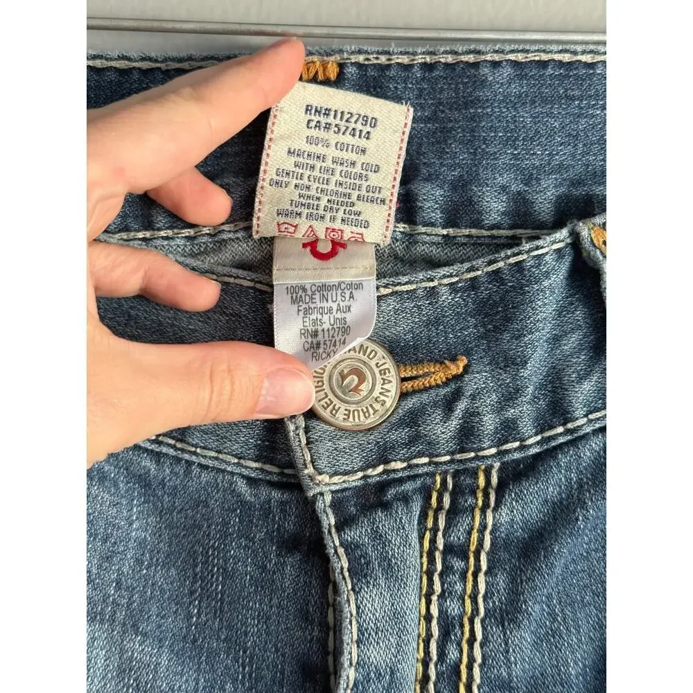 VTG True Religion Ricky Straight Jeans 38 Medium Wash Distressed Y2K Made in USA